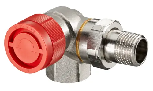 Thermostatventil von Oventrop, Winkeleck-Design, mit rotem Einstellknopf und metallischer Verbindung. Anschluss mit Gewinde, geeignet für Heizungsanwendungen.
